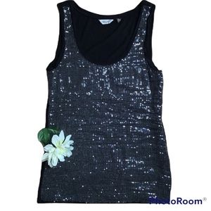 True Grit scoop neck tank top sparkly shiny sequins black dressy top S